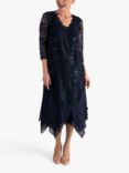 chesca Sequin Lace Chiffon Trim Midi Dress, Dark Navy