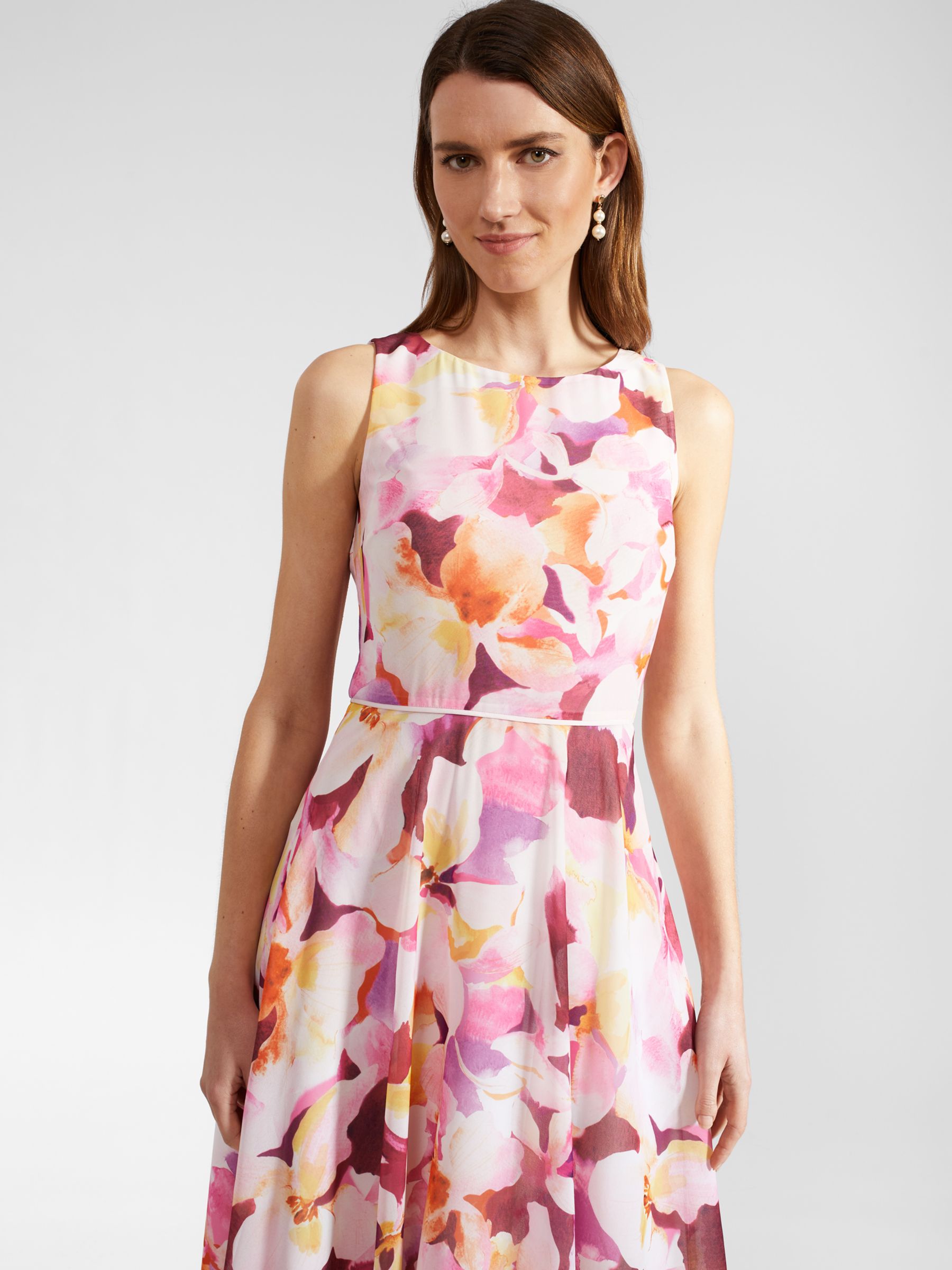 Hobbs Carly Floral Midi Dress, Pink/Multi