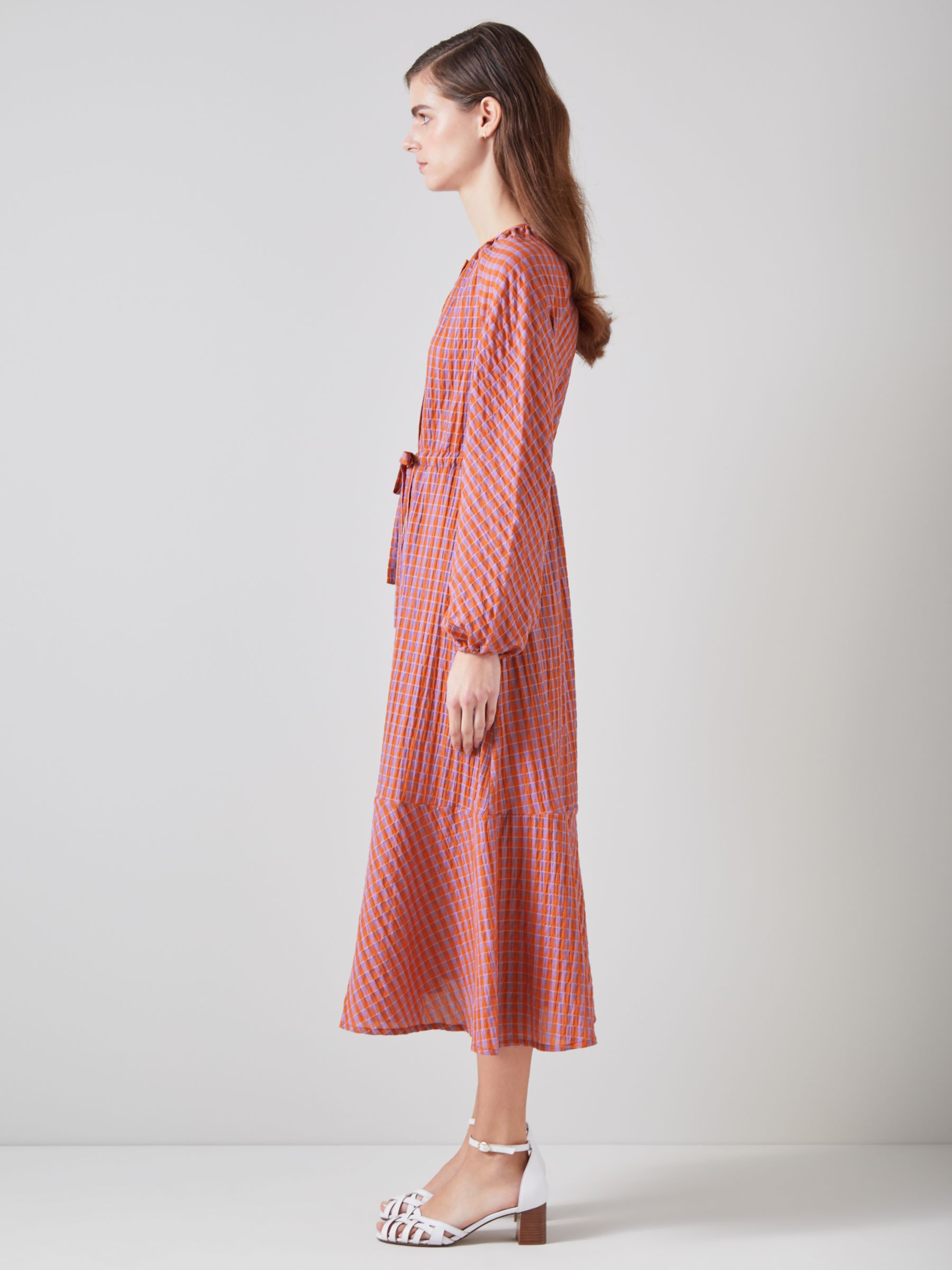 Buy L.K.Bennett Sophie Seersucker Textured Check Midi Dress, Orange/Purple Online at johnlewis.com