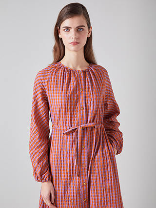 L.K.Bennett Sophie Seersucker Textured Check Midi Dress, Orange/Purple