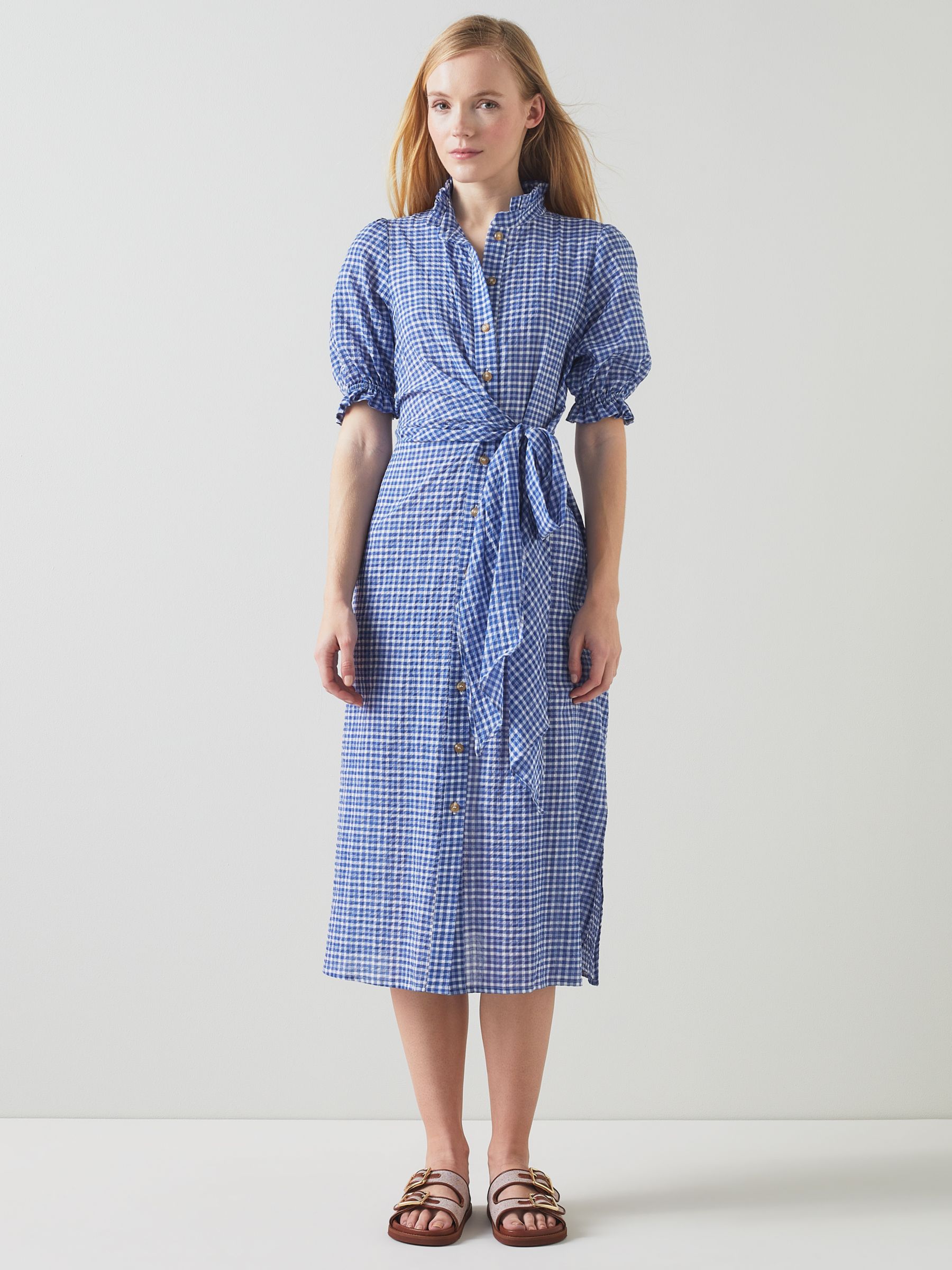 L.K.Bennett Soleil Seersucker Check Midi Shirt Dress, Blue/White, 20