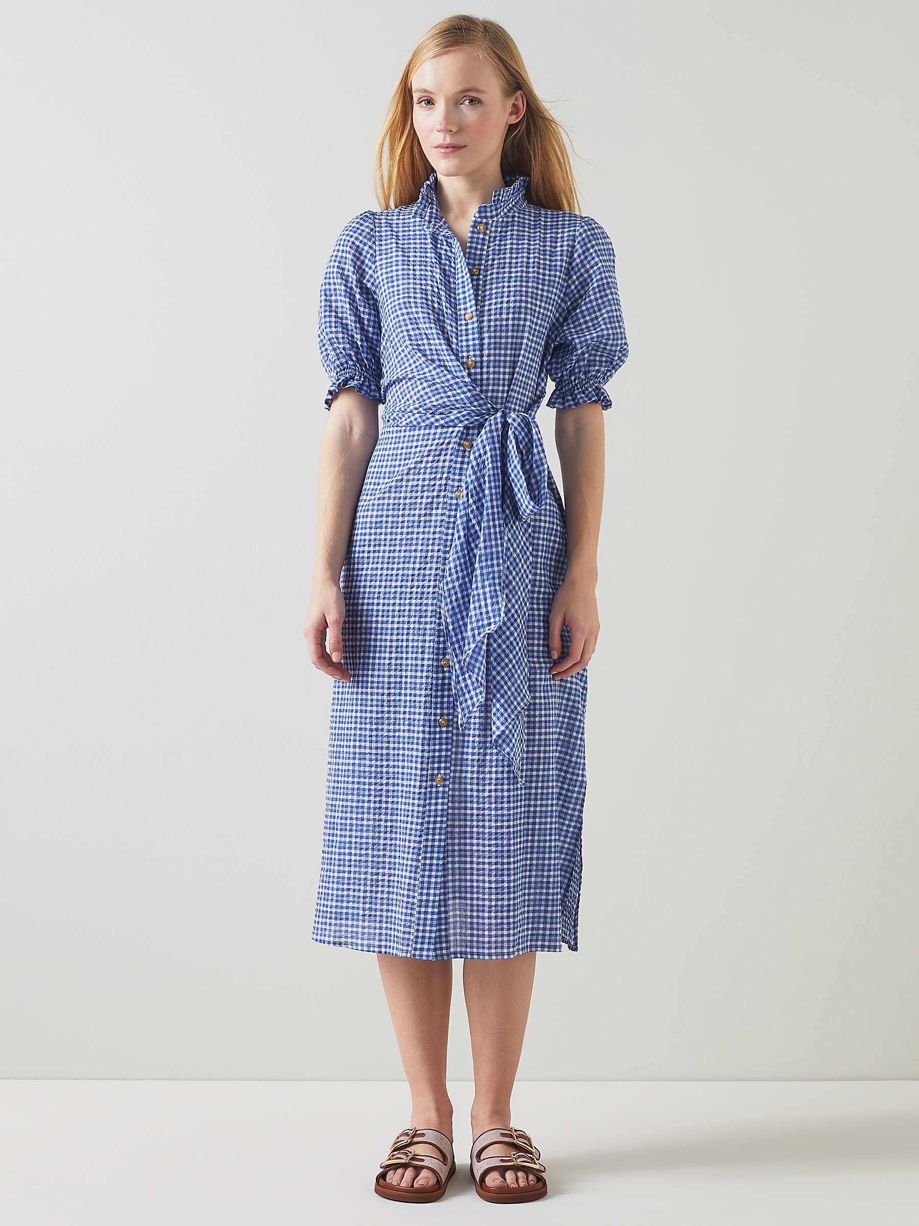 Buy L.K.Bennett Soleil Seersucker Check Midi Shirt Dress, Blue/White Online at johnlewis.com