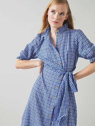 L.K.Bennett Soleil Seersucker Check Midi Shirt Dress, Blue/White