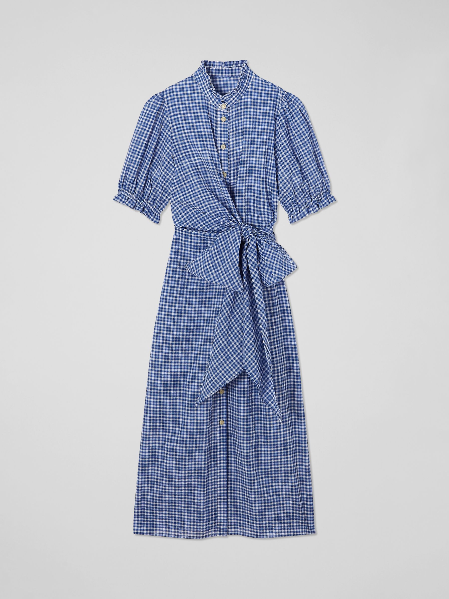L.K.Bennett Soleil Seersucker Check Midi Shirt Dress, Blue/White, 20