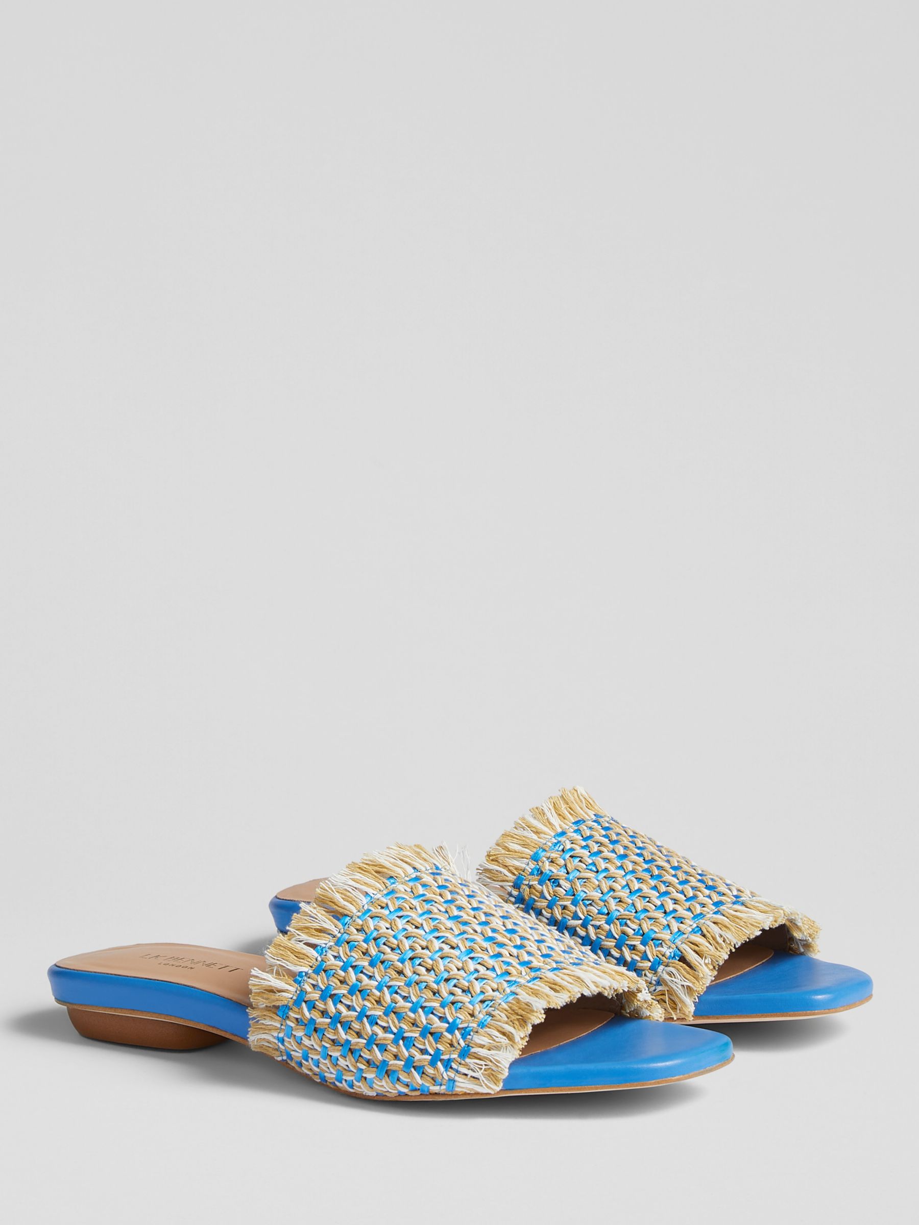 L.K.Bennett Meera Raffia Flat Sandals, Blue/Cream, 2