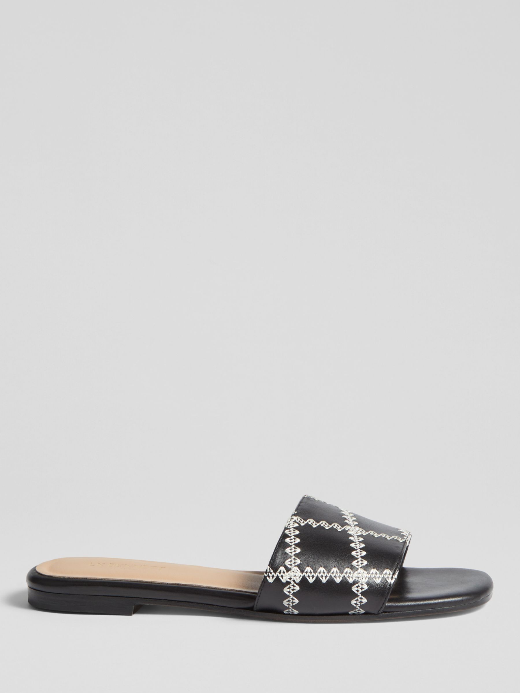 L.K.Bennett Hema Stitch Detail Leather Slider Sandals, Black, 2
