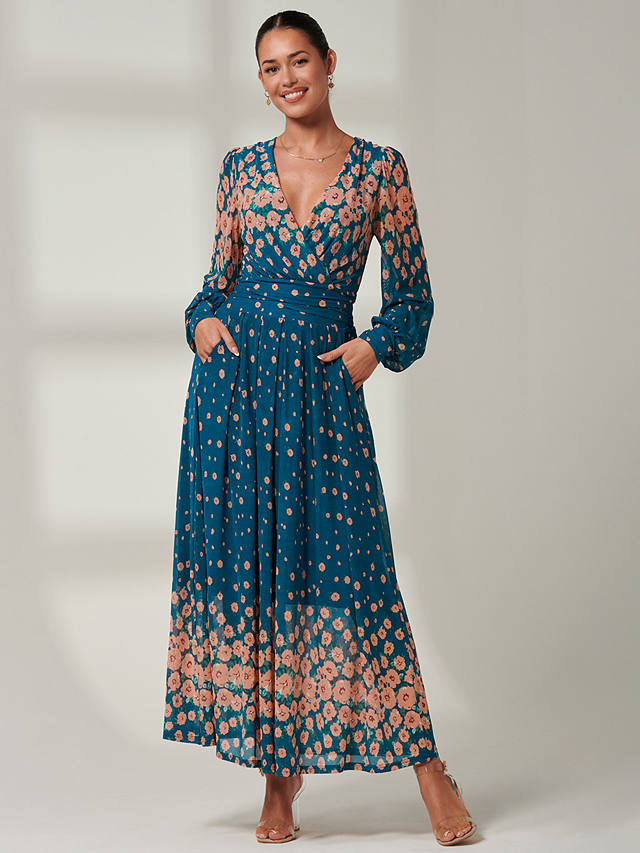 Jolie Moi Blossom Print Mesh Maxi Dress, Teal/Multi