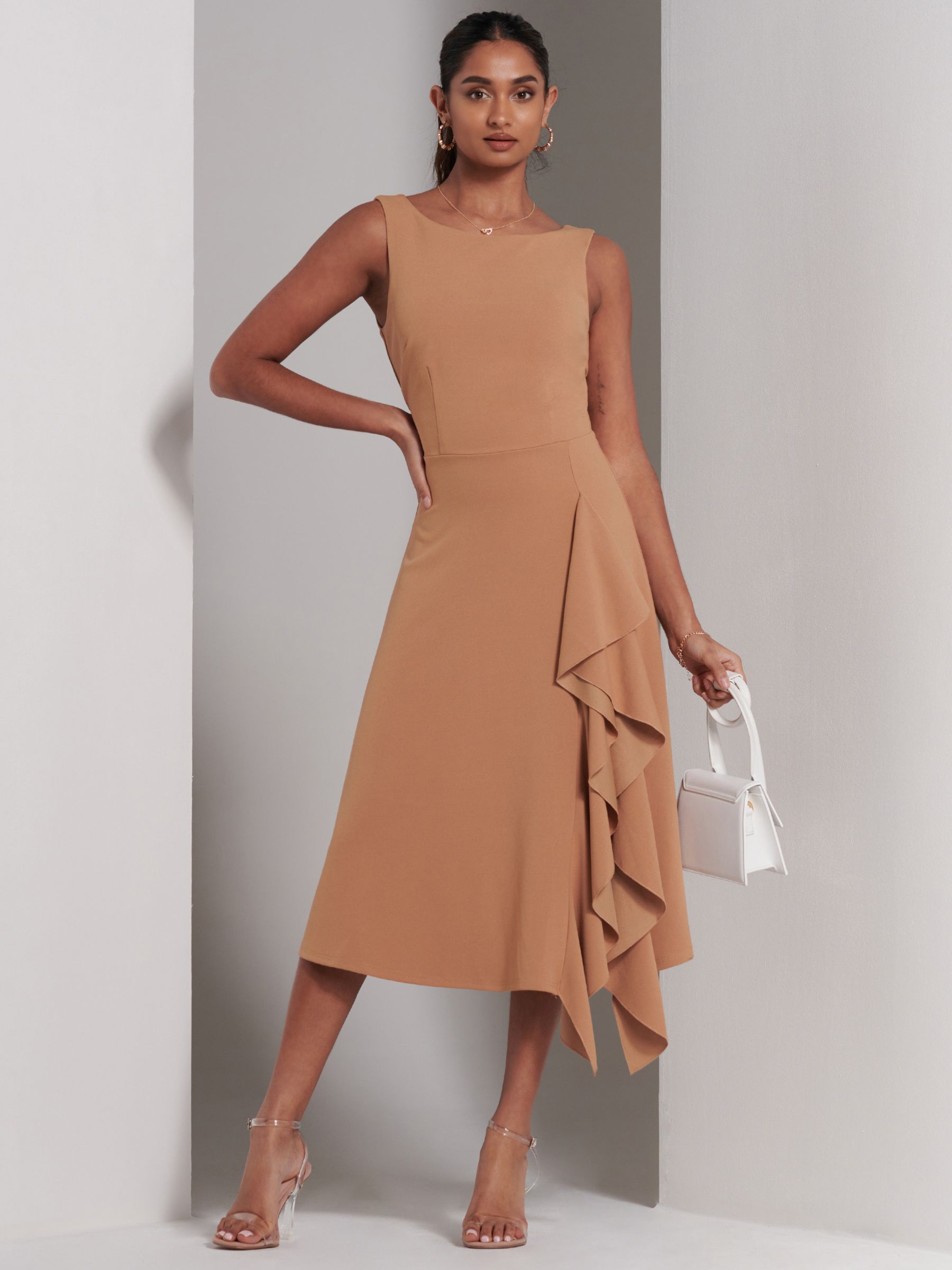 Jolie Moi Haylen Frill Detail Midi Dress, Tan, 8