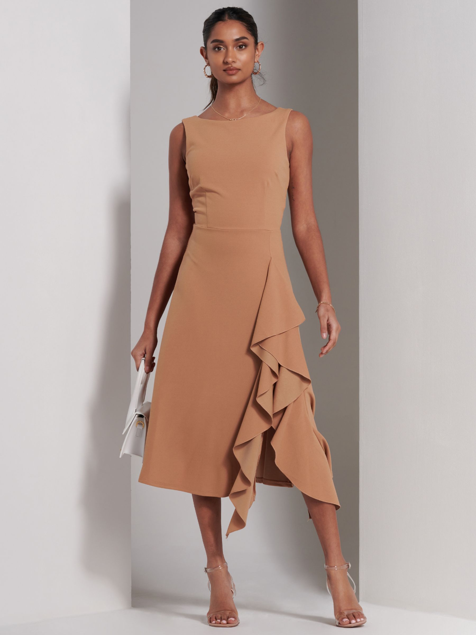 Buy Jolie Moi Haylen Frill Detail Midi Dress, Tan Online at johnlewis.com