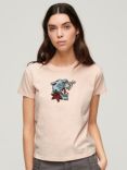 Superdry Tattoo Embroidered Fitted T-Shirt, Peach Whip Pink