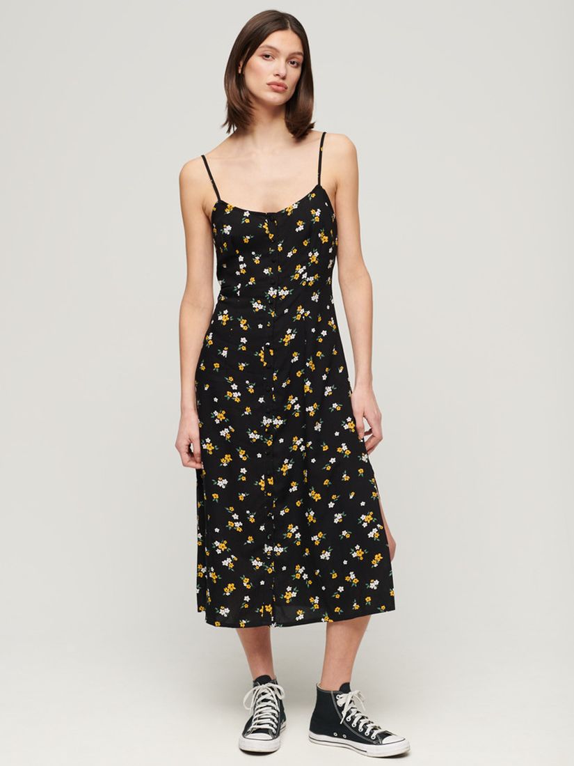 Superdry Floral Print Button-Up Cami Midi Dress, Black/Multi, 10