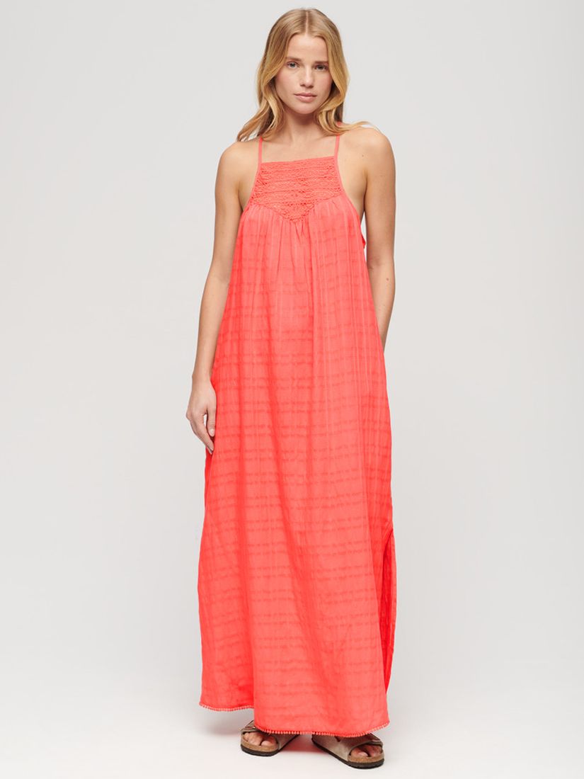 Superdry Lace Halter Beach Maxi Dress, Blush Coral, 16