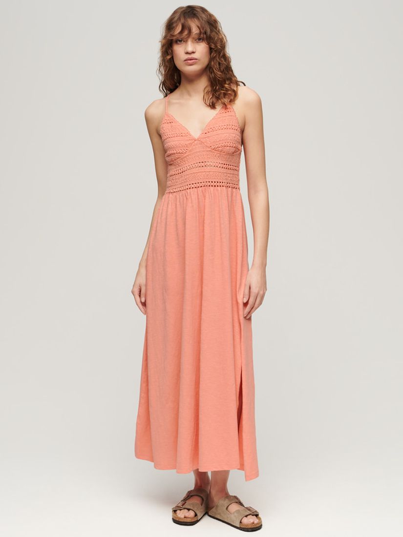 Superdry Jersey Lace Maxi Dress, Fusion Coral, 16