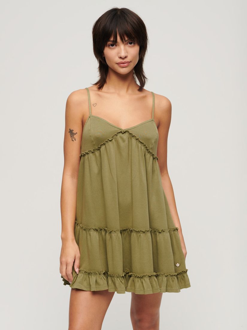 Superdry Jersey Tiered Cami Mini Dress, Olive Khaki, 16