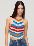 Superdry Striped Hanky Hem Halterneck Crochet Top, Buttercream/Multi