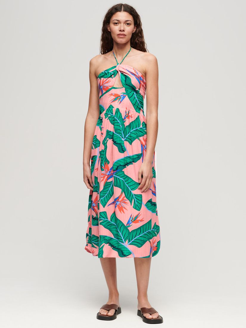 Superdry Palm Print Cut Out Midi Dress, Paradise Pink/Multi, 12