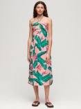 Superdry Palm Print Cut Out Midi Dress, Paradise Pink/Multi