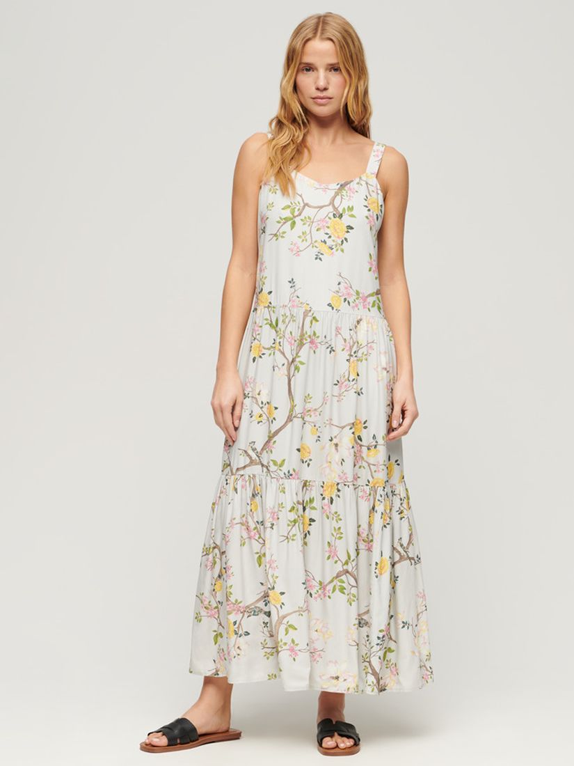 Superdry Woven Tiered Maxi Dress, Blossom Birds Grey, 6