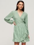 Superdry Printed Long Sleeve Wrap Mini Dress, Meadow Green