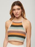 Superdry Cropped Stripe Halter Crochet Top, Satsuma/Multi