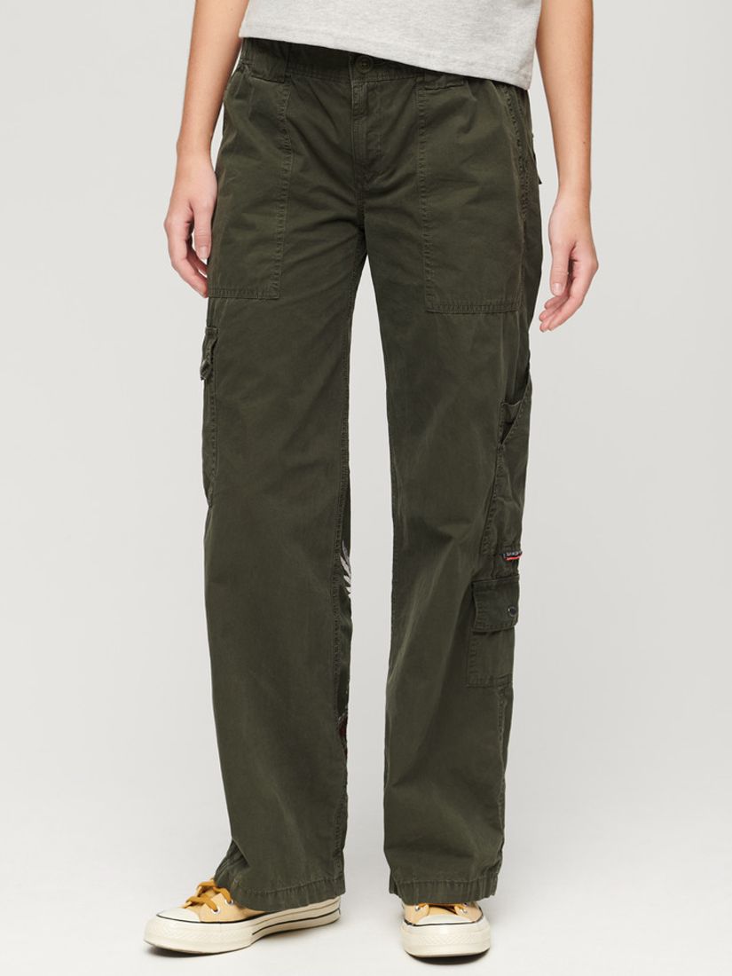 Superdry Low Rise Embroidered Cargo Trousers, Green, 34