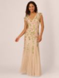 Adrianna Papell Beaded Mesh Flutter Dress, Light Champagne