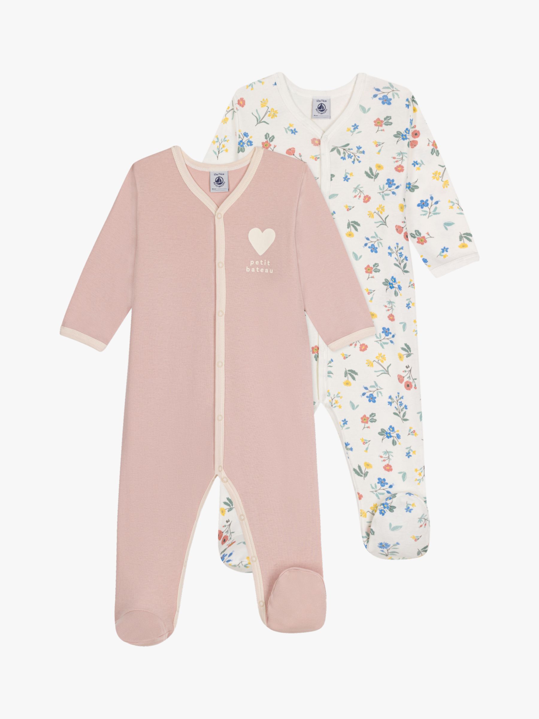 Petit Bateau Baby Floral Print/Plain Sleepsuits, Pack Of 2, Multi, 3 months
