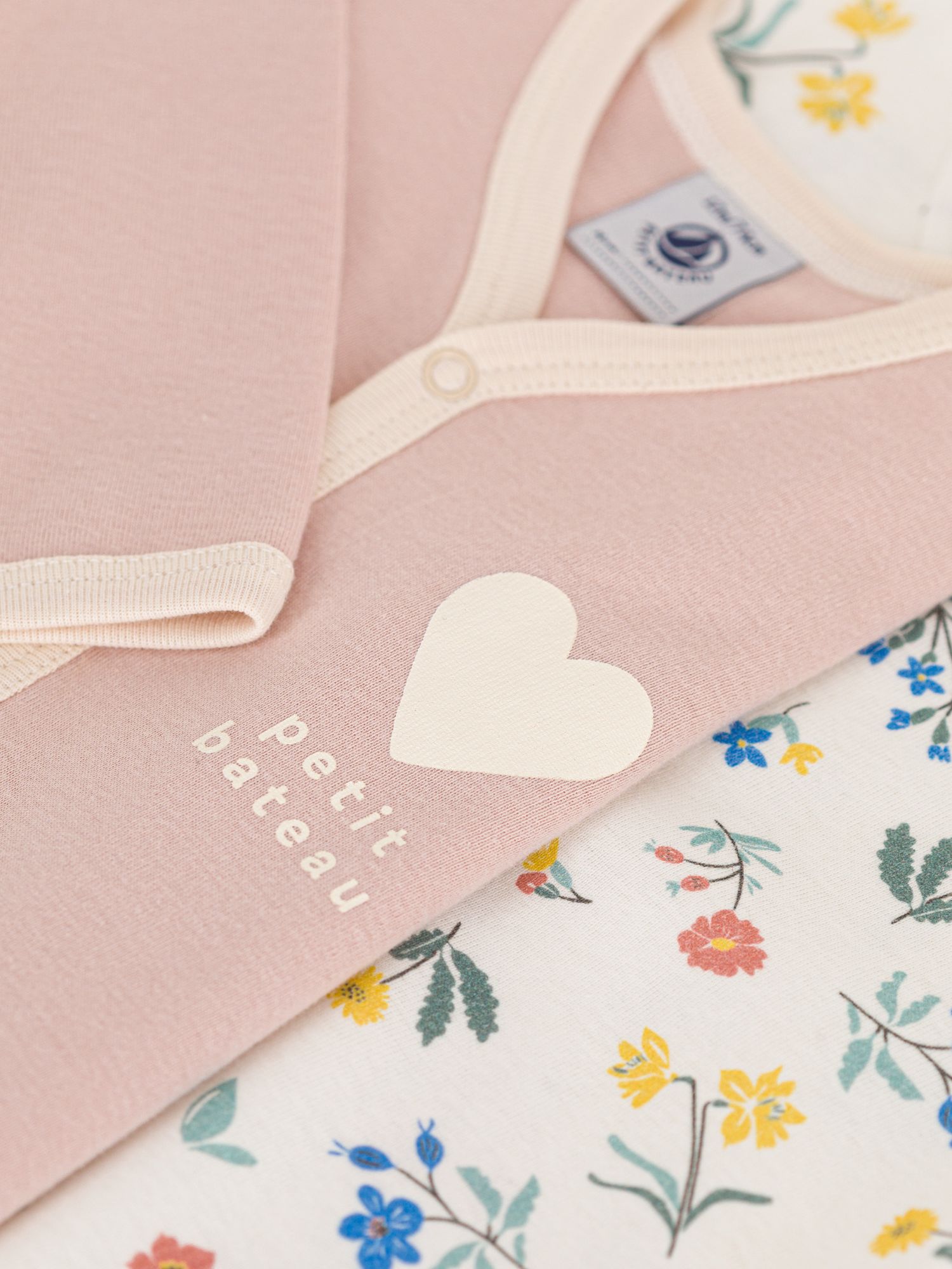 Petit Bateau Baby Floral Print/Plain Sleepsuits, Pack Of 2, Multi, 3 months