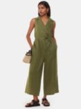 Whistles Petite Bella Linen Wrap Neck Jumpsuit, Khaki, Khaki