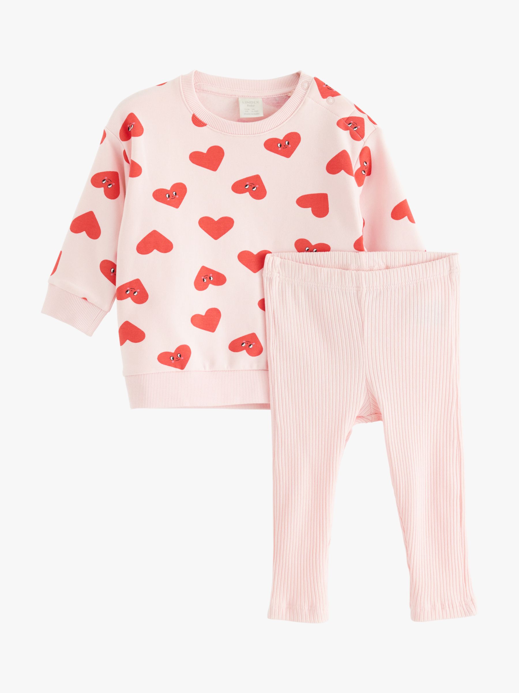 Lindex Baby Heart Sweatshirt & Leggings Set, Light Pink/Red, 4-6 months