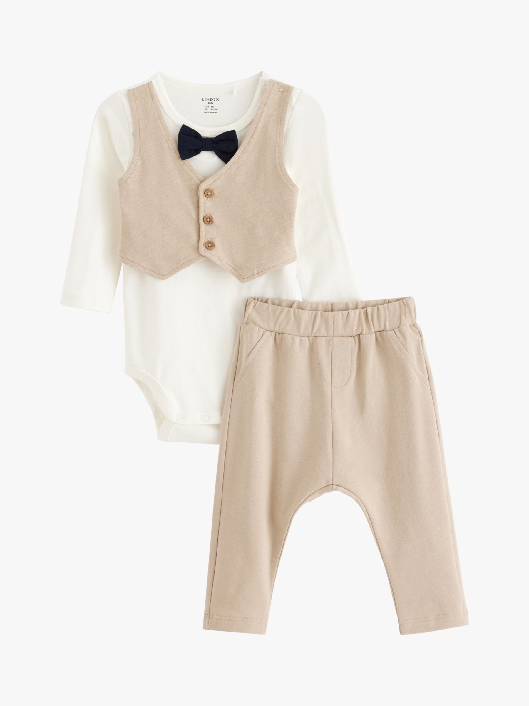 Lindex Baby Smart Vest Bodysuit & Joggers Set, Beige/White, 2-4 months