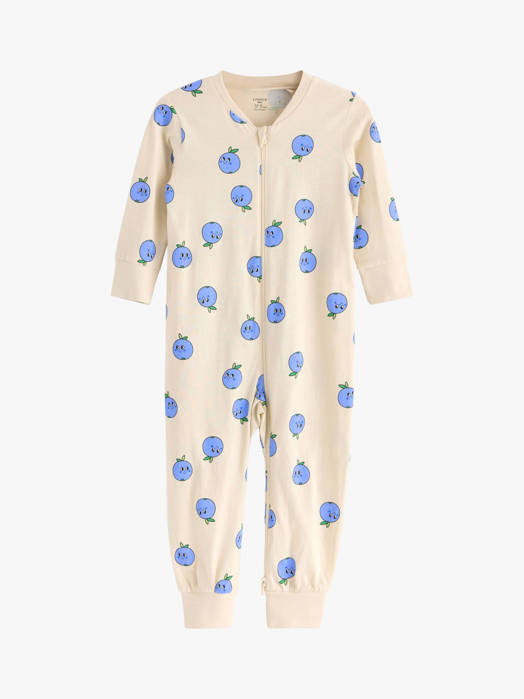 Lindex Baby Organic Cotton Blueberry Print Sleepsuit, Light Beige, 1-2 months