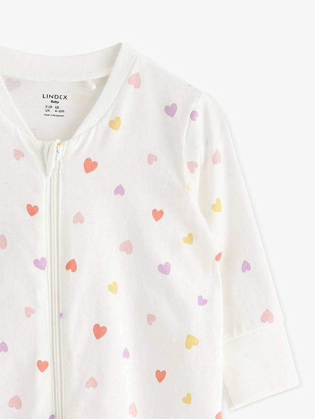 Lindex Baby Organic Cotton Heart Print Sleepsuit, Light Dusty White