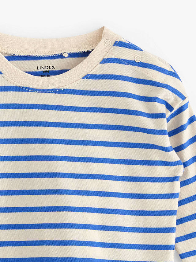 Lindex Baby Organic Cotton Drop Shoulder Stripe Long Sleeve Top, Light Beige/Blue