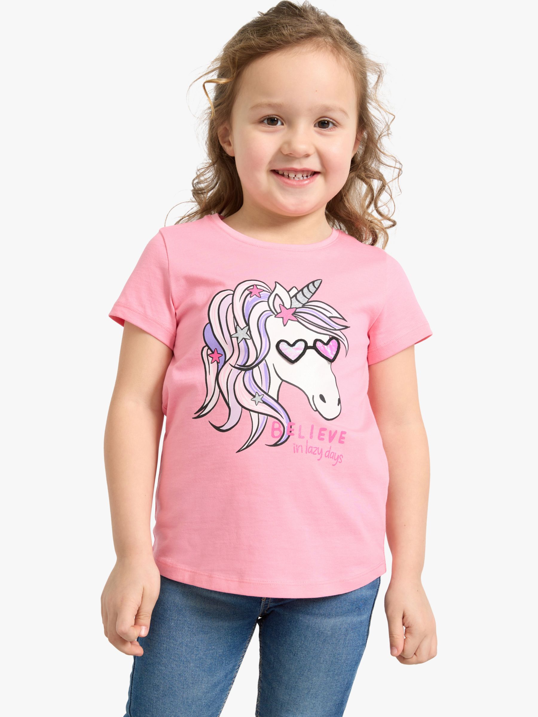 Kid Girl Unicorn Embroidered Stripe/Dark Pink Short-sleeve Tee