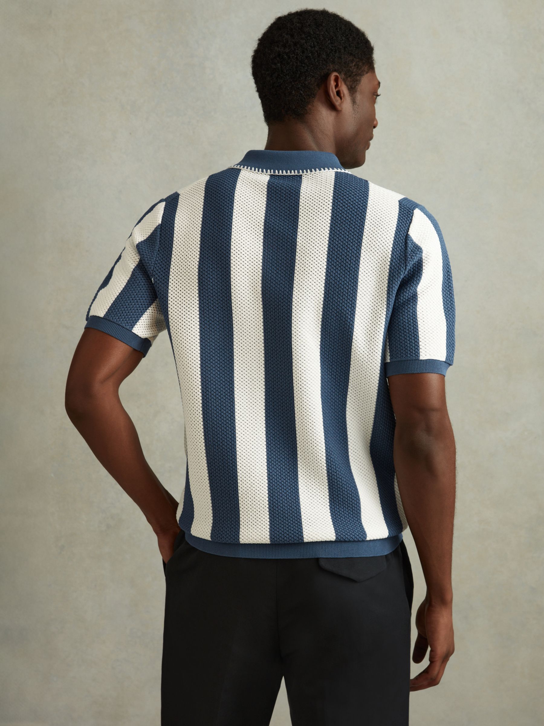 Reiss Paros Short Sleeve Textured Stripe Polo Shirt, Blue/White, XS