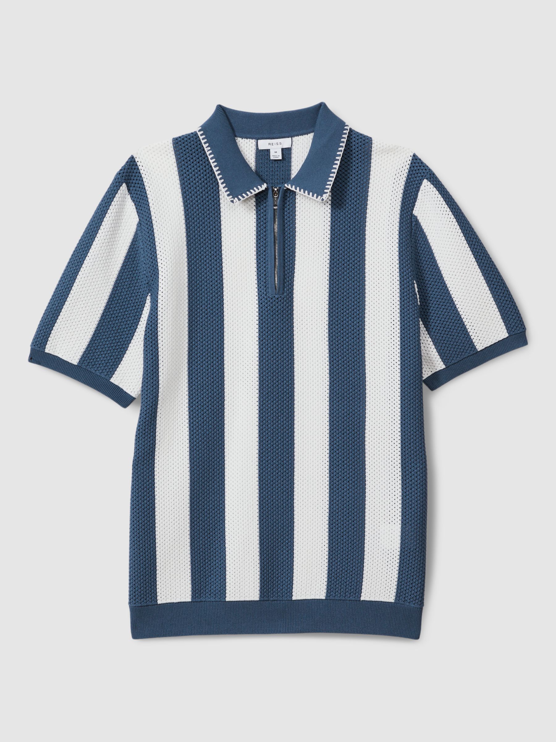 Reiss Paros Short Sleeve Textured Stripe Polo Shirt, Blue/White, XS
