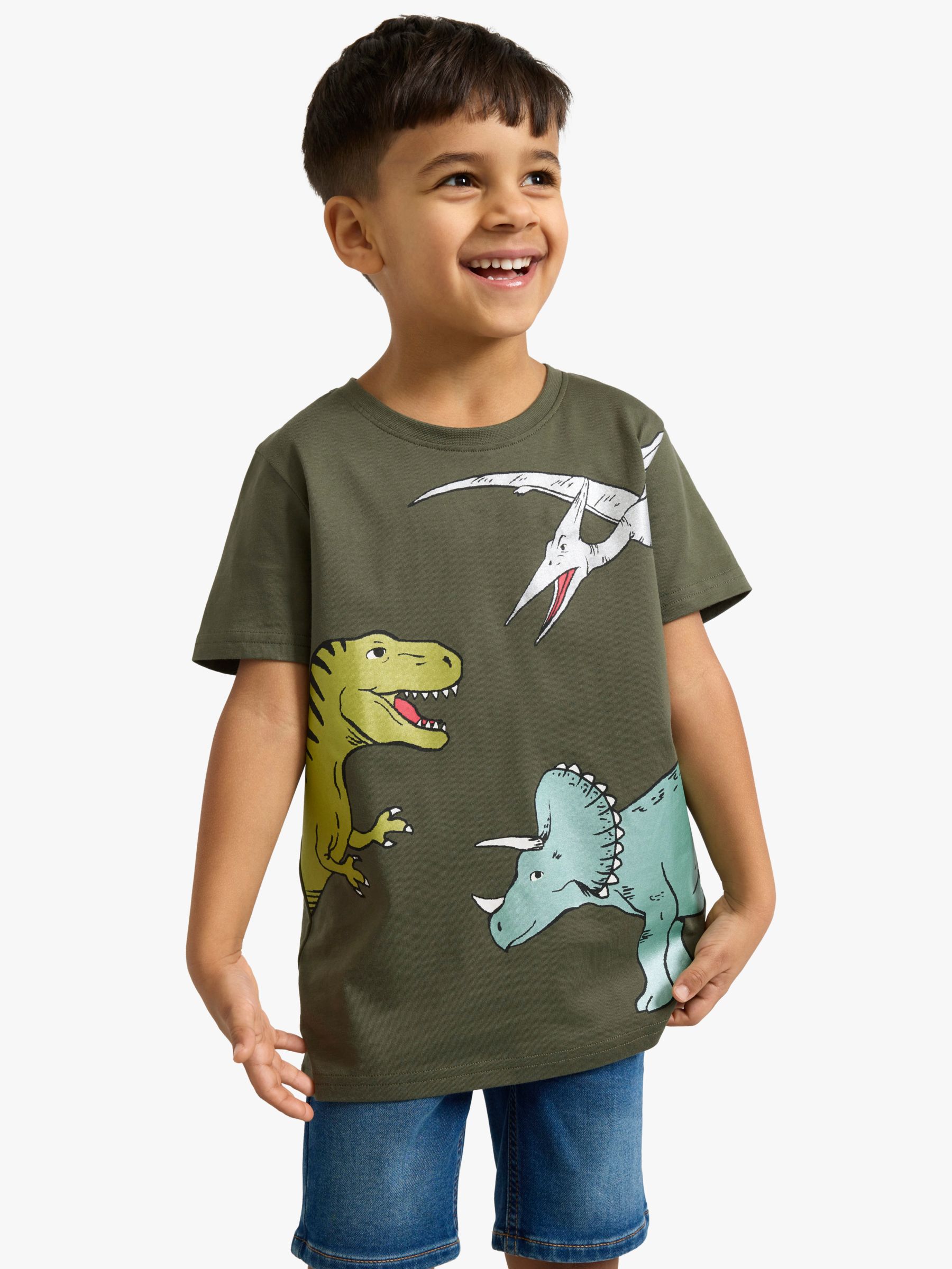 Lindex Kids' Short Sleeve Dinosaur T-Shirt, Dark Dusty Khaki, 2-4 years