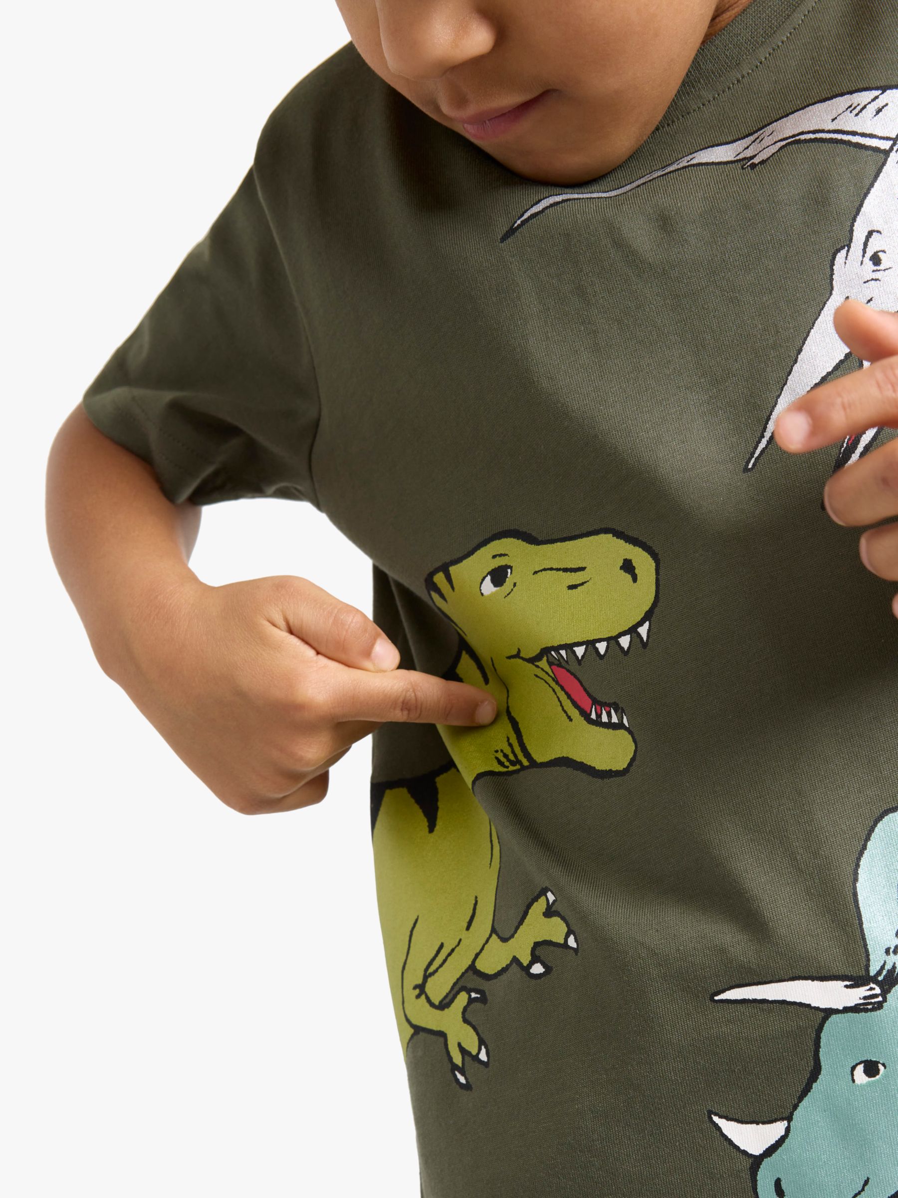 Lindex Kids' Short Sleeve Dinosaur T-Shirt, Dark Dusty Khaki, 2-4 years