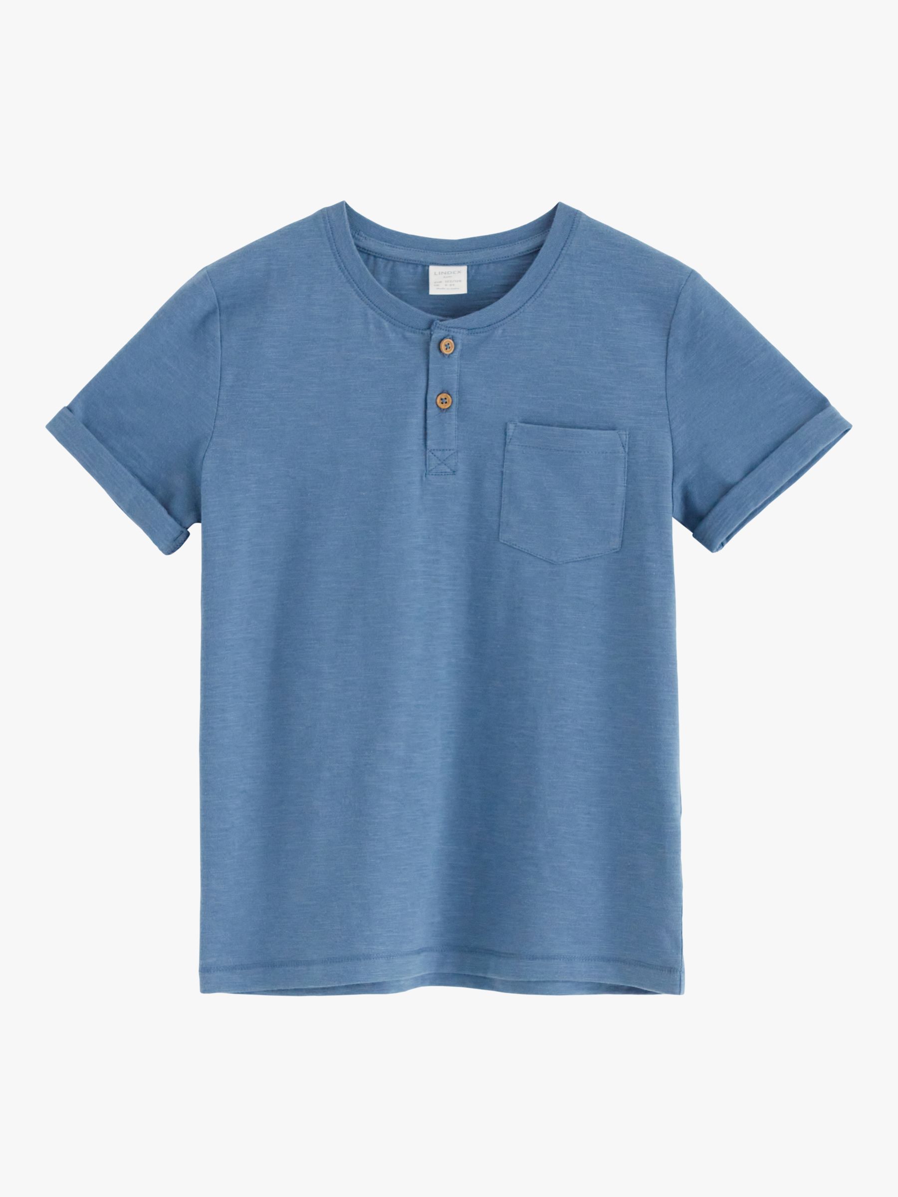 Lindex Kids' Organic Cotton Essential Short Sleeved Button Top, Dusty Blue, 18-24 months