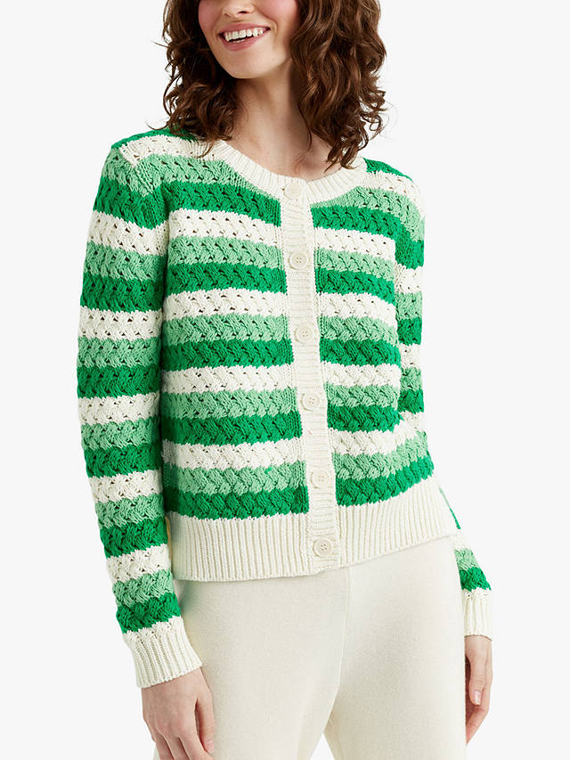 Chinti & Parker Crochet Stripe Cardigan, Green/Cream