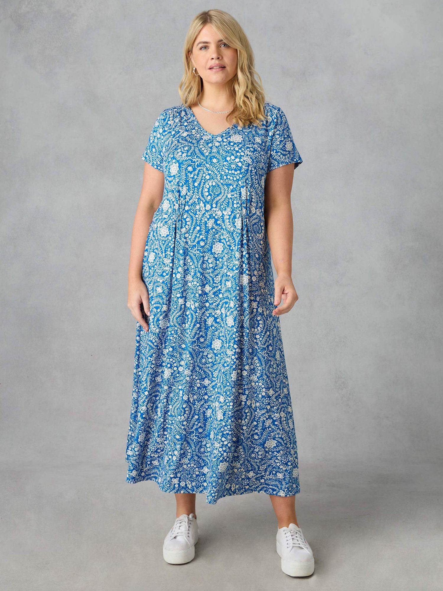 Live Unlimited Petite Paisley Print V Neck Midi Dress, Blue/White, 12