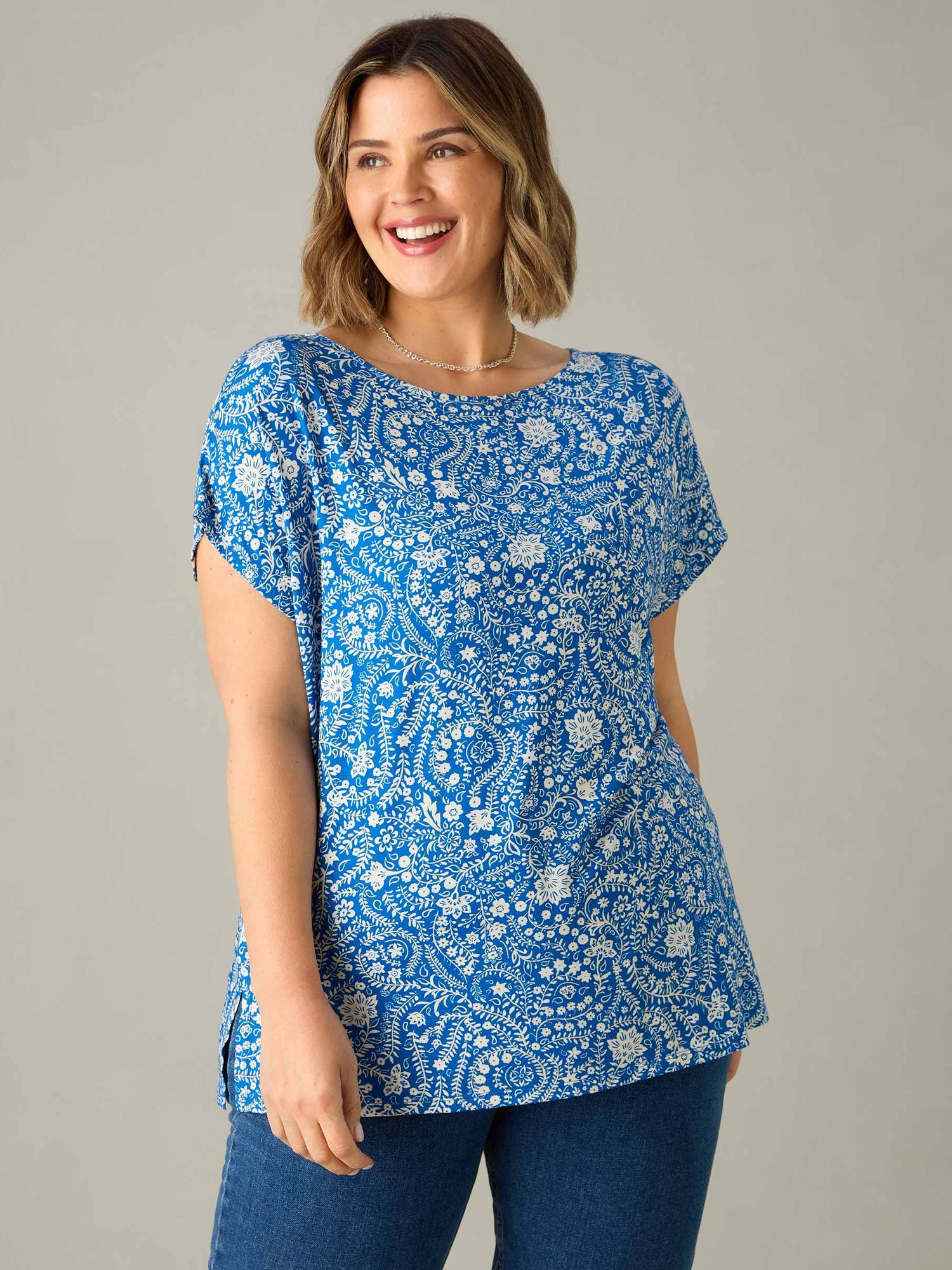 Live Unlimited Floral Paisley Print Jersey Blouse, Blue/White, 12