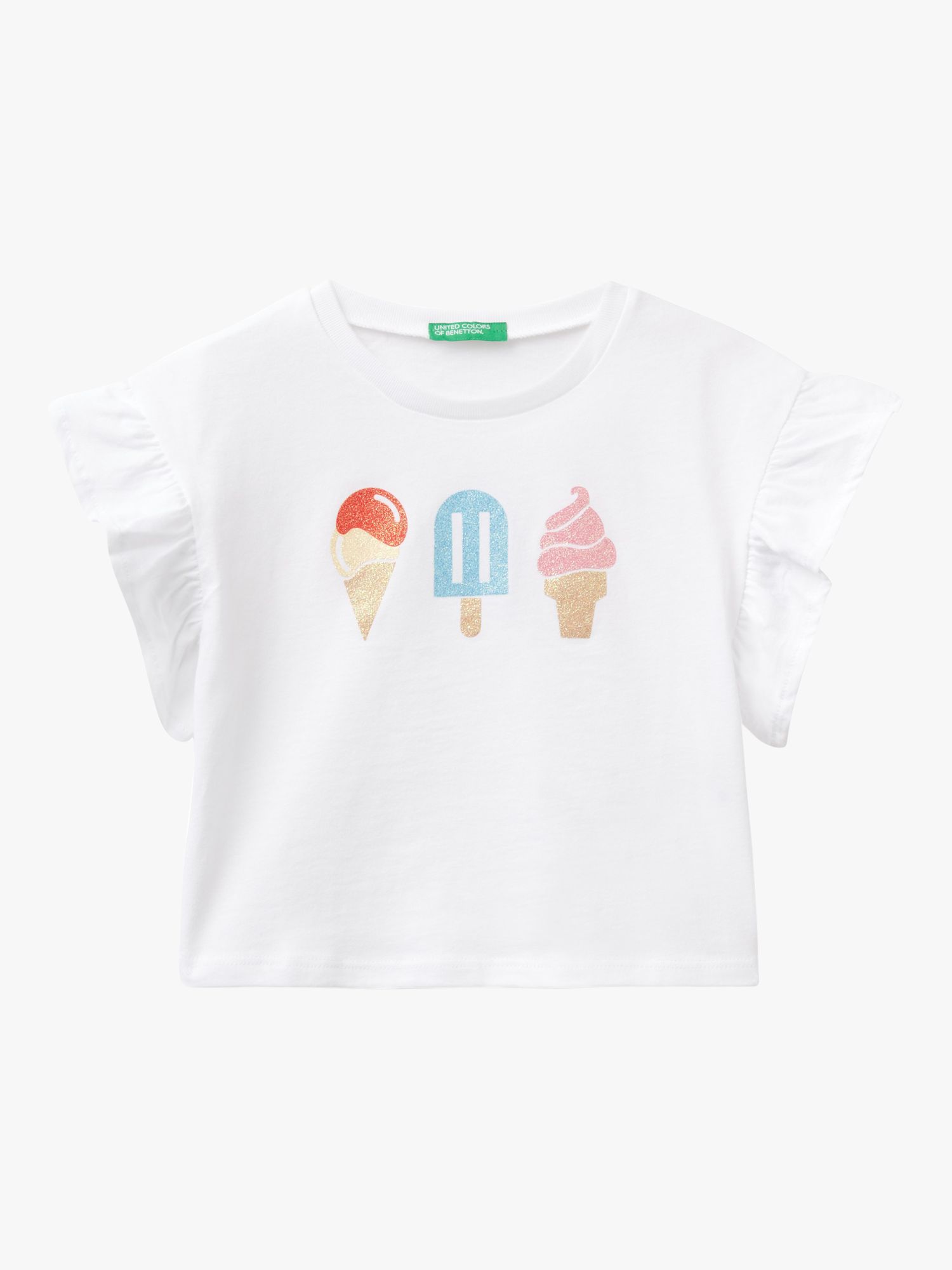 Benetton Kids' Glitter Ice Cream Ruffle Short Sleeve T-Shirt, Optical White, 3-4 years