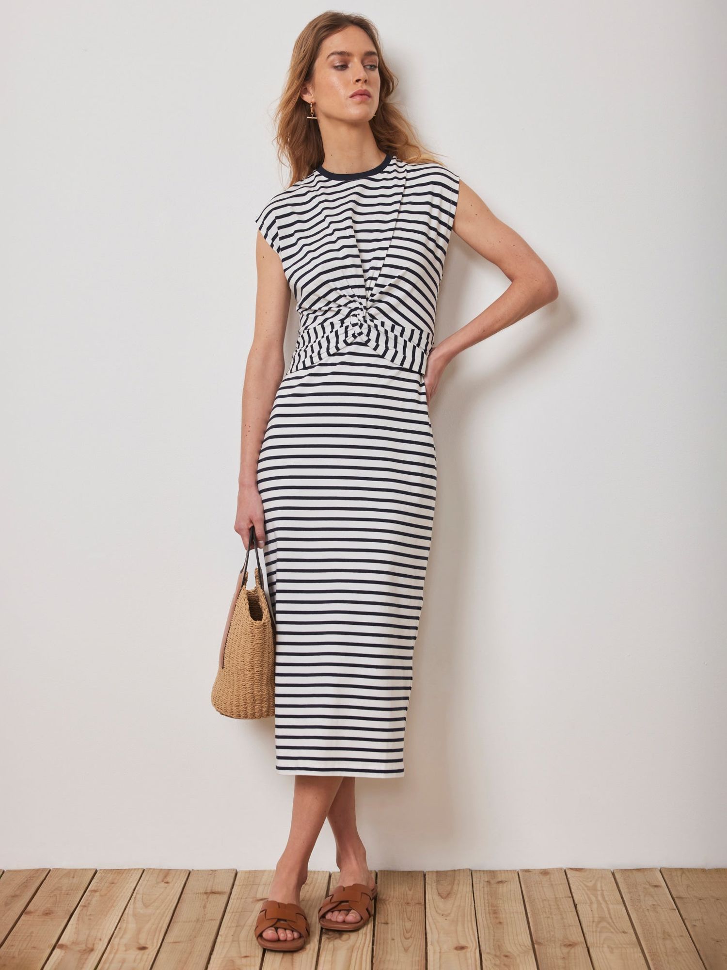 Mint Velvet Stripe Twist Detail Midi Jersey Dress, Navy/White, XS