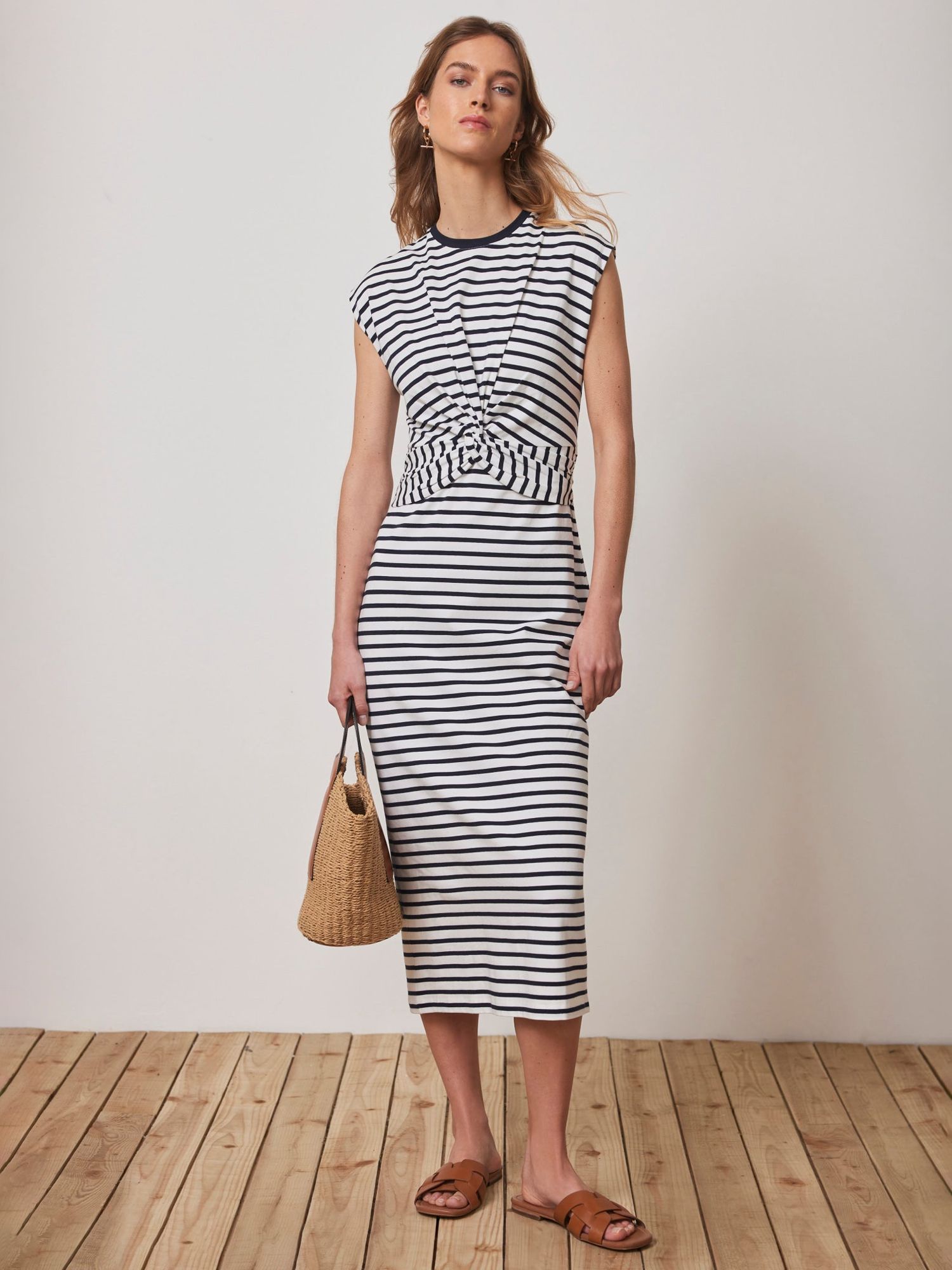 Mint Velvet Stripe Twist Detail Midi Jersey Dress, Navy/White, XS