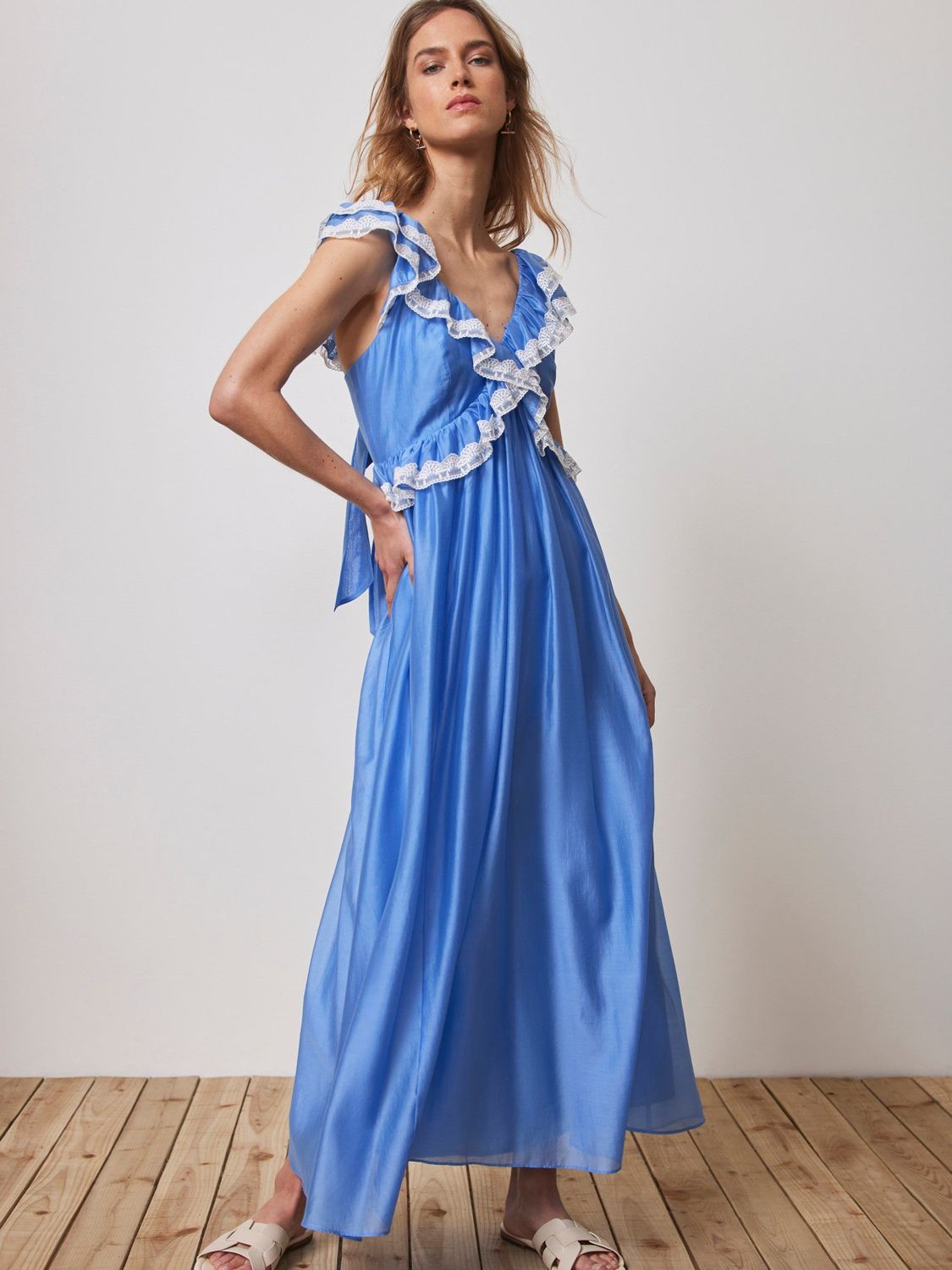 Mint Velvet Lace Trim Maxi Satin Dress, Blue, 6
