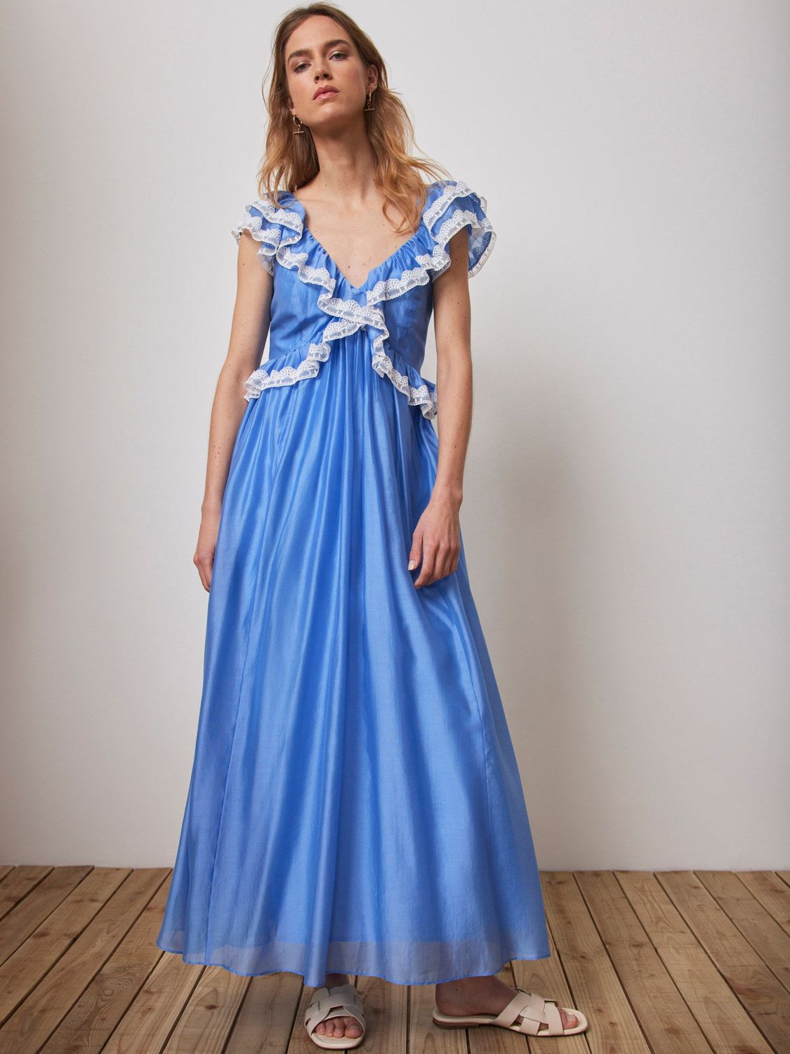 Mint Velvet Lace Trim Maxi Satin Dress, Blue, 6