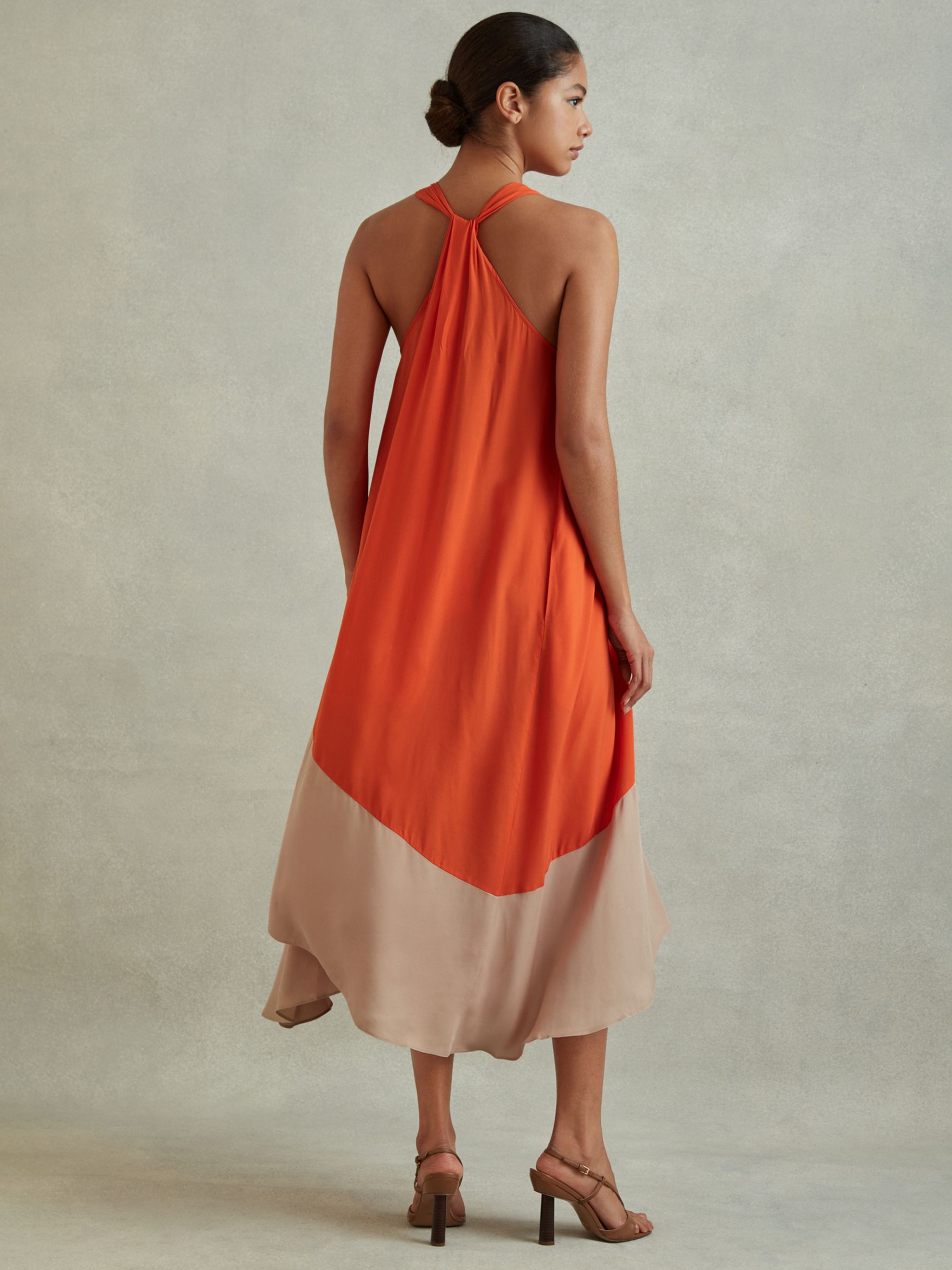 Reiss Elias Ruched Dipped Hem Midi Dress, Orange/Stone, 6