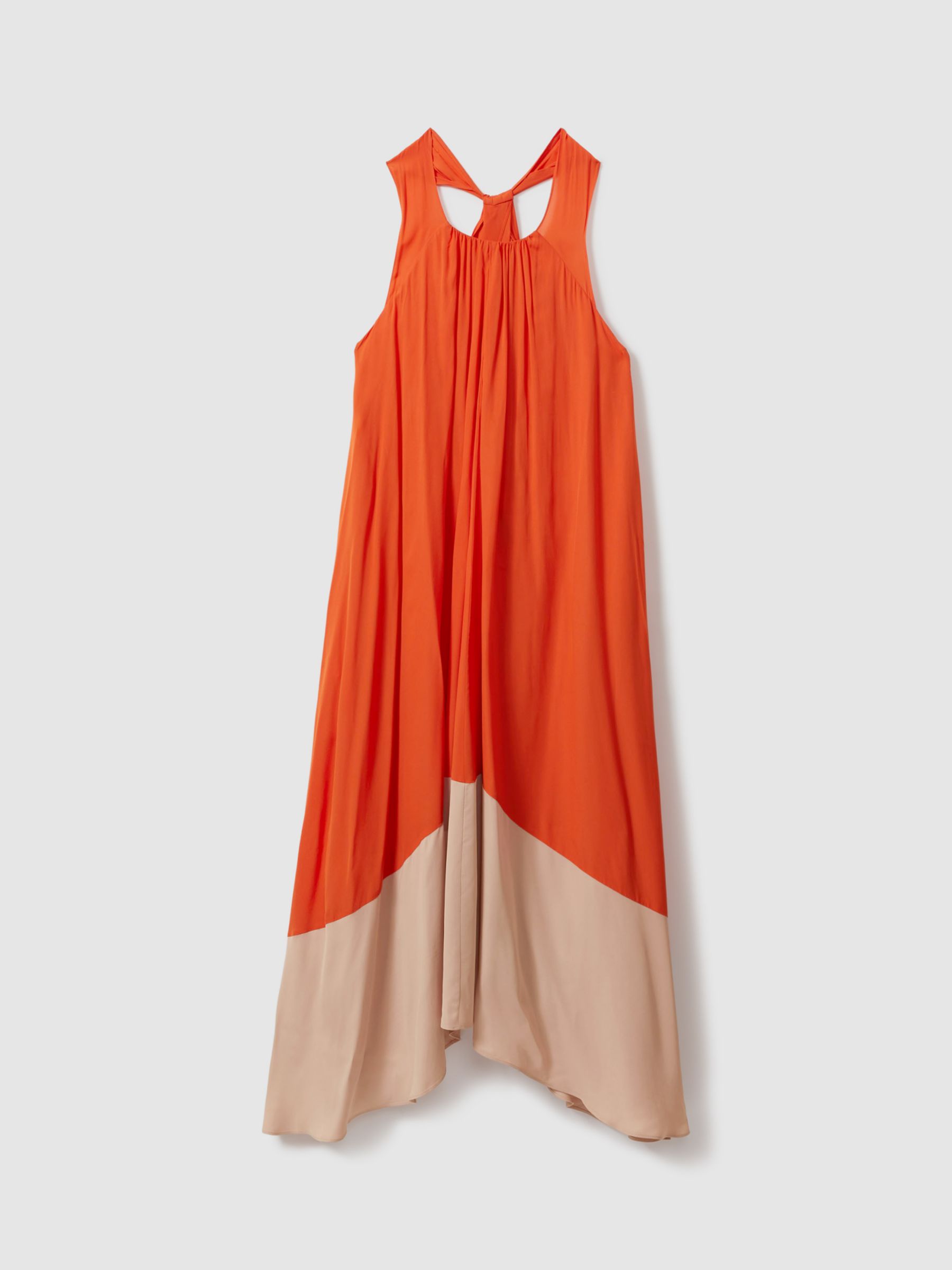 Reiss Elias Ruched Dipped Hem Midi Dress, Orange/Stone, 6